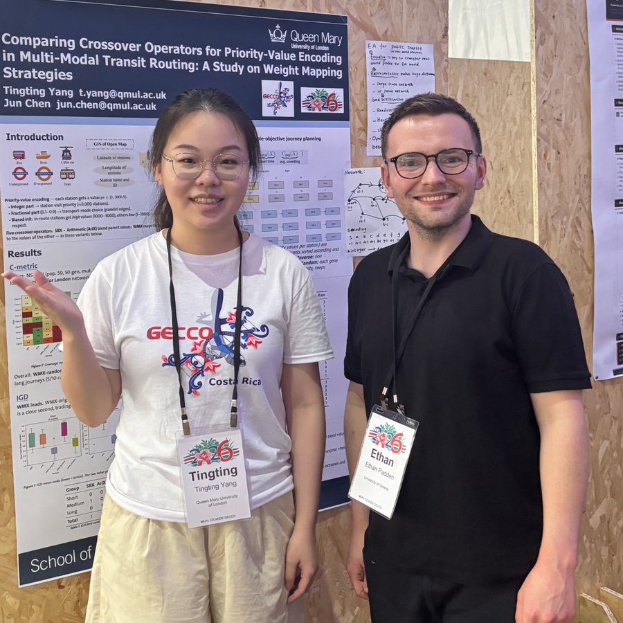 Tingting Yang beside her GECCO 2026 poster on crossover operators for multi-modal transit routing, with another attendee.